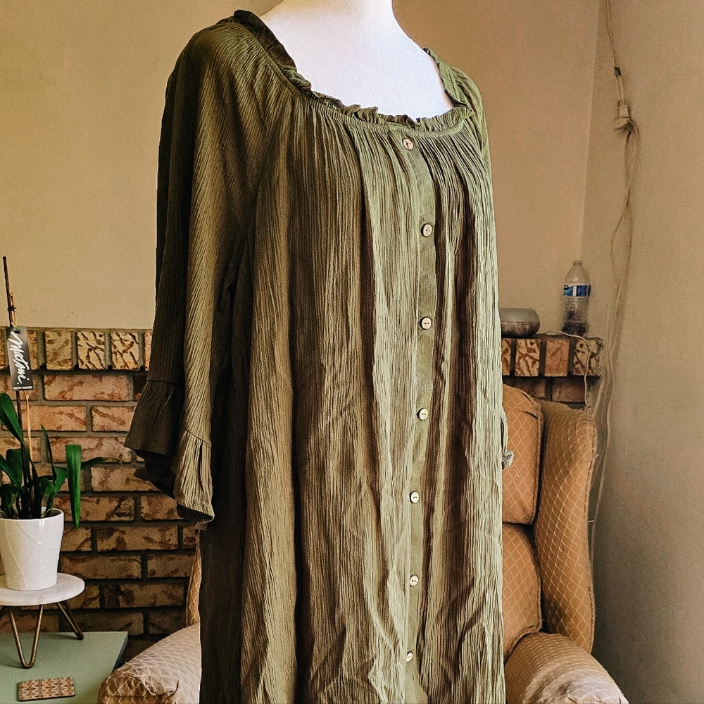 Olive Green Button-Front Tunic Dress – Size XL